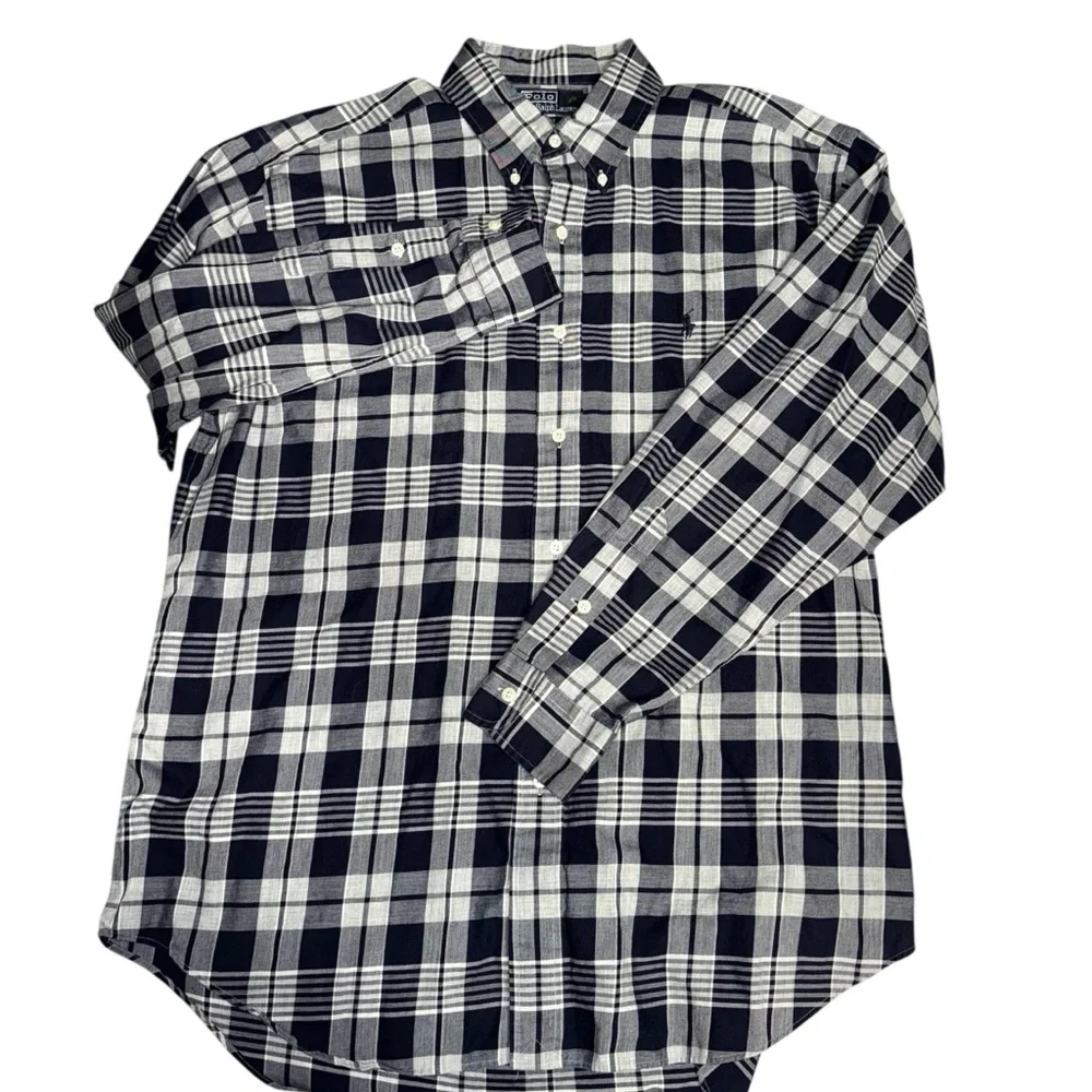 Polo Ralph Lauren Blake Shirt Large Navy Blue White Long Sleeve Plaid Button Up - Picture 2 of 10